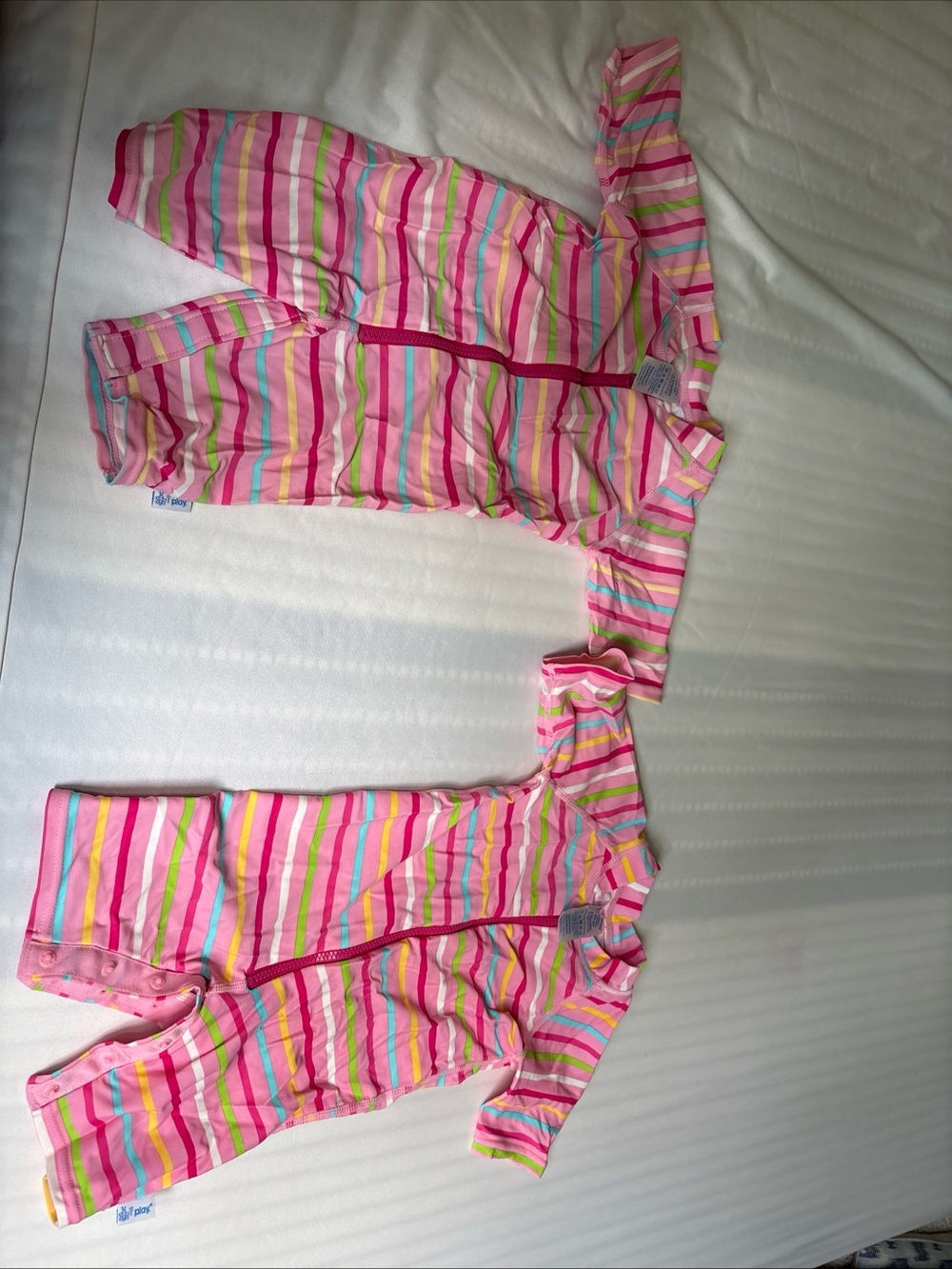 i play. Pink Girls Multi-Stripe swim suits  - 2-Pack, size 6-mo and 12-mo